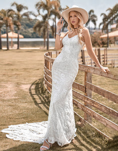 Charming Mermaid Spaghetti Straps Lace Ivory Wedding Dress with Sweep Train