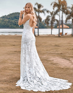 Charming Mermaid Spaghetti Straps Lace Ivory Wedding Dress with Sweep Train