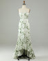 Asymmetrical Strapless Printed Green Long Bridesmaid Dress