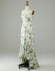 Asymmetrical Strapless Printed Green Long Bridesmaid Dress