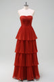 A-Line Burgundy Strapless Long Tiered Chiffon Bridesmaid Dress