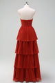 A-Line Burgundy Strapless Long Tiered Chiffon Bridesmaid Dress