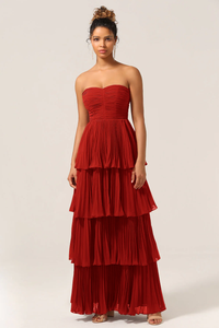 A-Line Burgundy Strapless Long Tiered Chiffon Bridesmaid Dress