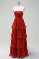 A-Line Burgundy Strapless Long Tiered Chiffon Bridesmaid Dress