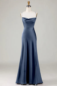 Satin Spaghetti Straps Lace Up Bridesmaid Dresses With Pockets