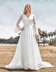 Beauty A Line V Neck Ivory Lace Flare Sleeves Wedding Dress