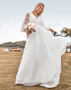 A Line V Neck Ivory Chiffon Sweep Train Boho Wedding Dress with Lace