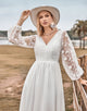 A Line V Neck Ivory Chiffon Sweep Train Boho Wedding Dress with Lace