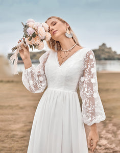 A Line V Neck Ivory Chiffon Sweep Train Boho Wedding Dress with Lace