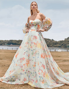 Charming A Line Sweetheart Ivory Floral Sweep Train Bridal Dress with Sleeves
