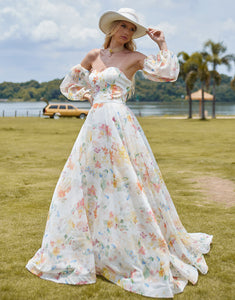 Romantic Off The Shoulder Long Sleeve Wedding Dress 2025 with Multicolor Print