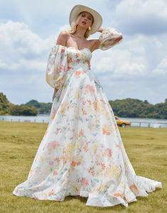 Romantic Off The Shoulder Long Sleeve Wedding Dress 2025 with Multicolor Print