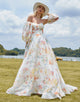 Romantic Off The Shoulder Long Sleeve Wedding Dress 2025 with Multicolor Print