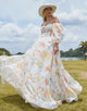 Romantic Off The Shoulder Long Sleeve Wedding Dress 2025 with Multicolor Print