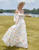 Romantic Off The Shoulder Long Sleeve Wedding Dress 2025 with Multicolor Print