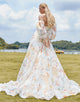 Romantic Off The Shoulder Long Sleeve Wedding Dress 2025 with Multicolor Print