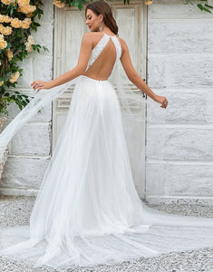 Ivory Open Back Tulle Sweep Train Wedding Dress with Lace