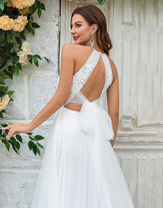 Ivory Open Back Tulle Sweep Train Wedding Dress with Lace