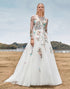 Gorgeous A Line Tulle Long Sleeves Long Ivory Wedding Dress with Embroidery