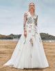 Gorgeous A Line Tulle Long Sleeves Long Ivory Wedding Dress with Embroidery