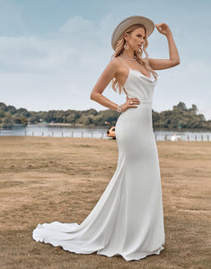 Simple Spaghetti Straps White Bridal Dress with Criss Cross Back