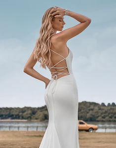 Simple Spaghetti Straps White Bridal Dress with Criss Cross Back