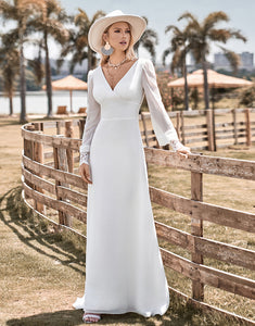 Ivory Boho Simple Sheath Long Sleeves Wedding Dress with Lace