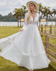 Elegant A-Line Hollow Long Sleeve Wedding Dress 2025 with Backless