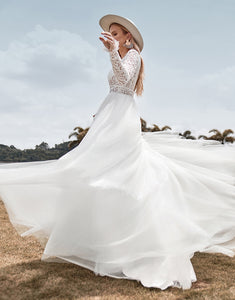 Lace Long Sleeves Deep V-neck Boho Wedding Dress with Backless