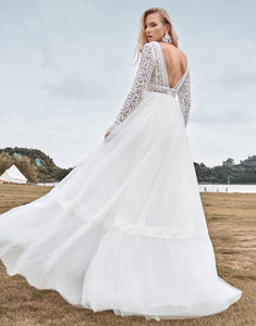Lace Long Sleeves Deep V-neck Boho Wedding Dress with Backless