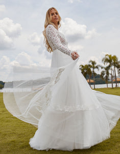 Elegant A-Line Hollow Long Sleeve Wedding Dress 2025 with Backless