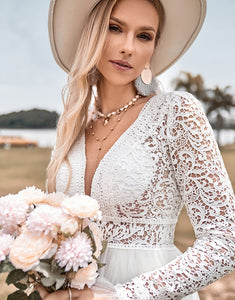 Lace Long Sleeves Deep V-neck Boho Wedding Dress with Backless