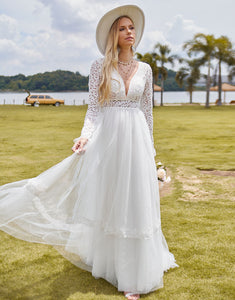 Elegant A-Line Hollow Long Sleeve Wedding Dress 2025 with Backless