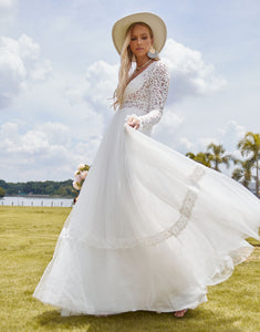 Elegant A-Line Hollow Long Sleeve Wedding Dress 2025 with Backless