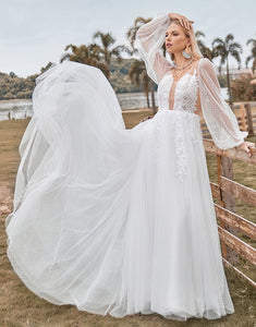 Long Sleeves Open Back Ivory A Line Wedding Dress with Appliques