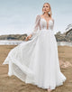 Long Sleeves Open Back Ivory A Line Wedding Dress with Appliques