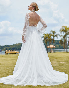 Charming V-Neck Backless Wedding Dress 2025 with Lace Long Sleeve