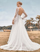 Long Sleeves Open Back Ivory A Line Wedding Dress with Appliques