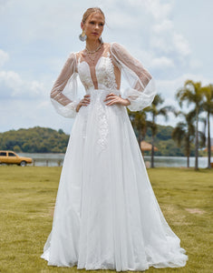 Charming V-Neck Backless Wedding Dress 2025 with Lace Long Sleeve