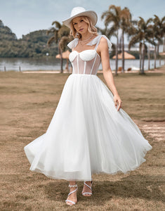 Ivory Tulle Corset Tea-Length A Line Wedding Dress