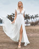 Deep V-neck Simple Boho Wedding Dress with Slit