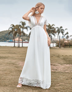 Deep V-neck Simple Boho Wedding Dress with Slit