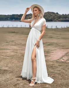 Deep V-neck Simple Boho Wedding Dress with Slit