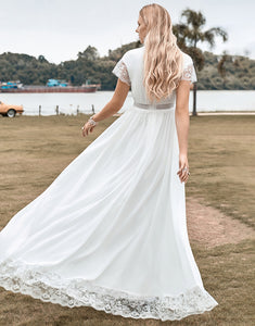 Deep V-neck Simple Boho Wedding Dress with Slit