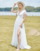 Elegant V-Neck short Sleeve Wedding Dress 2025 with Front Split