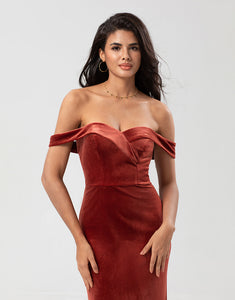 Mermaid Off the Shoulder Terracotta Velvet Bridesmaid Dress