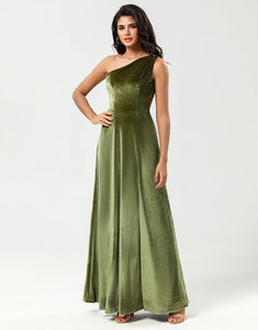One Shoulder A Line Velvet Green Bridesmaid Dress with Slit