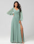 Chiffon A Line Long Sleeves Bridesmaid Dress with Buttons