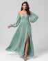 Off the Shoulder Long Sleeves Green Bridemaid Dress with Slit