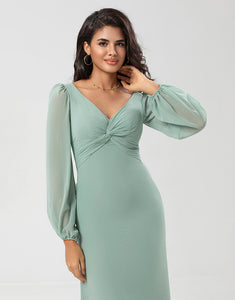 Long Sleeves Green Bridesmaid Dress with Slit